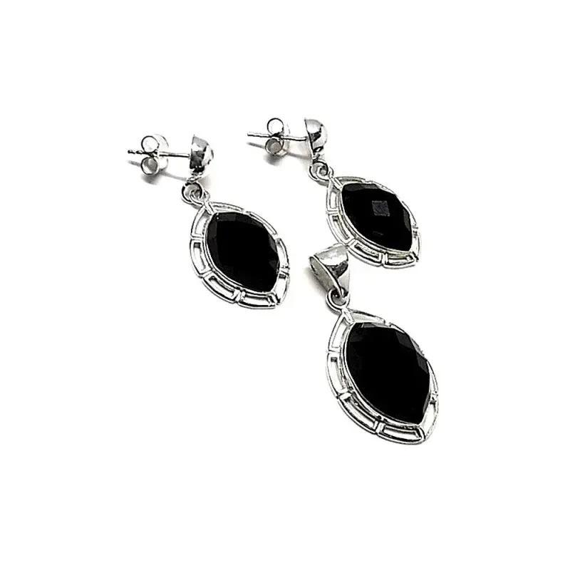Juego plata Ley 925m piedra onix facetado  [AB0892]
