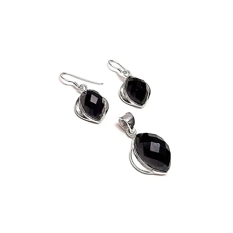 Juego plata Ley 925m piedra onix  facetado  [AB0894]