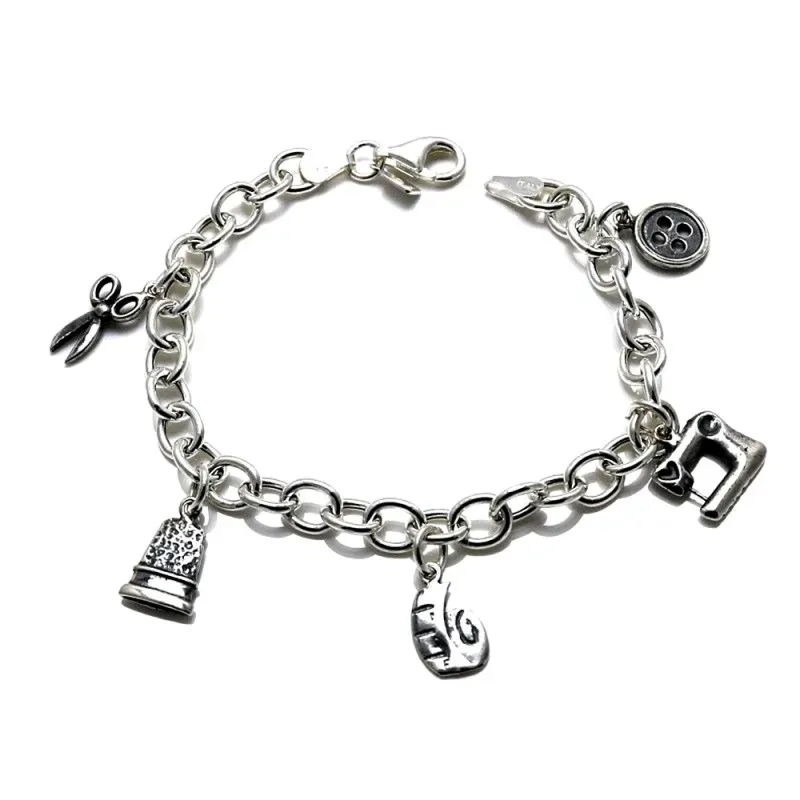 Pulsera plata Ley 925m fetiche 19.5cm. motivos modista [AB0974]