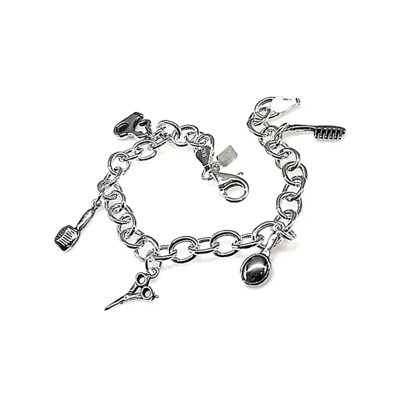 Pulsera plata Ley 925m fetiche 19.5cm. motivos peluquería [AB0975]