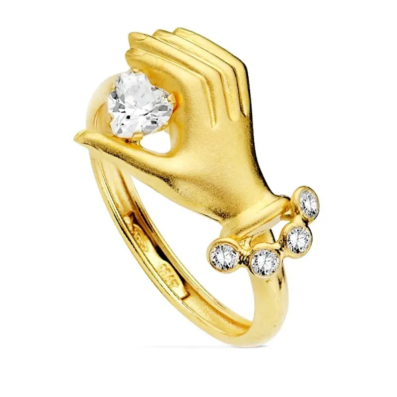 Sortija oro 18k circonita corazón mano.     [AB1768]