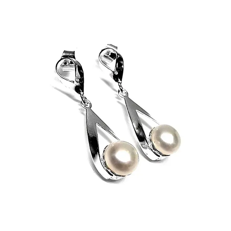 Pendientes plata Ley 925m largos perla botón dos cuerpos [AB1203]