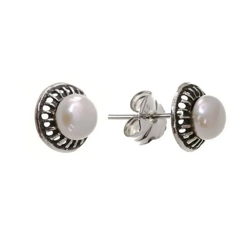 Pendientes plata Ley 925m perla botón [AB1333]