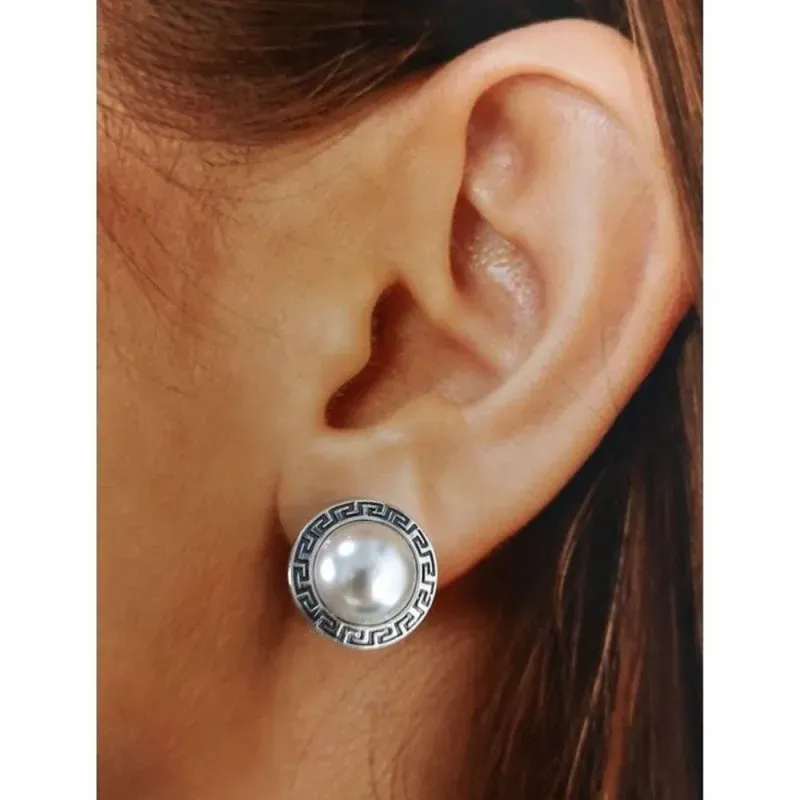Pendientes plata Ley 925m oxidado greca perla [AB1388]