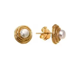 Pendientes plata Ley 925m chapado oro perla botón [AB1414]