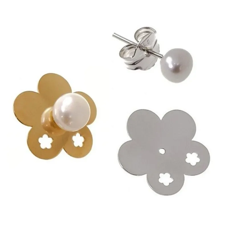 Pendientes plata Ley 925m chapita flor estrellas perla botón [AB1422]