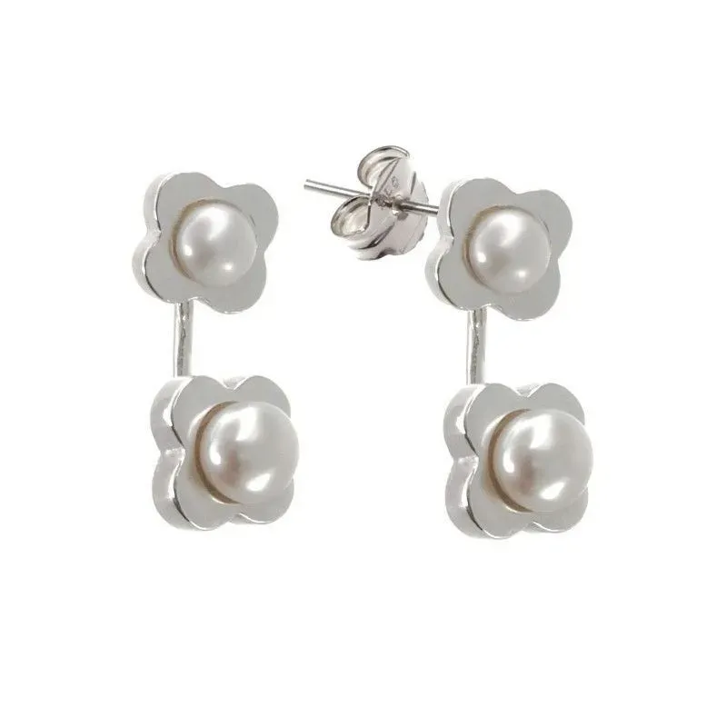 Pendientes plata Ley 925m ear jacket flor perla botón [AB1499]