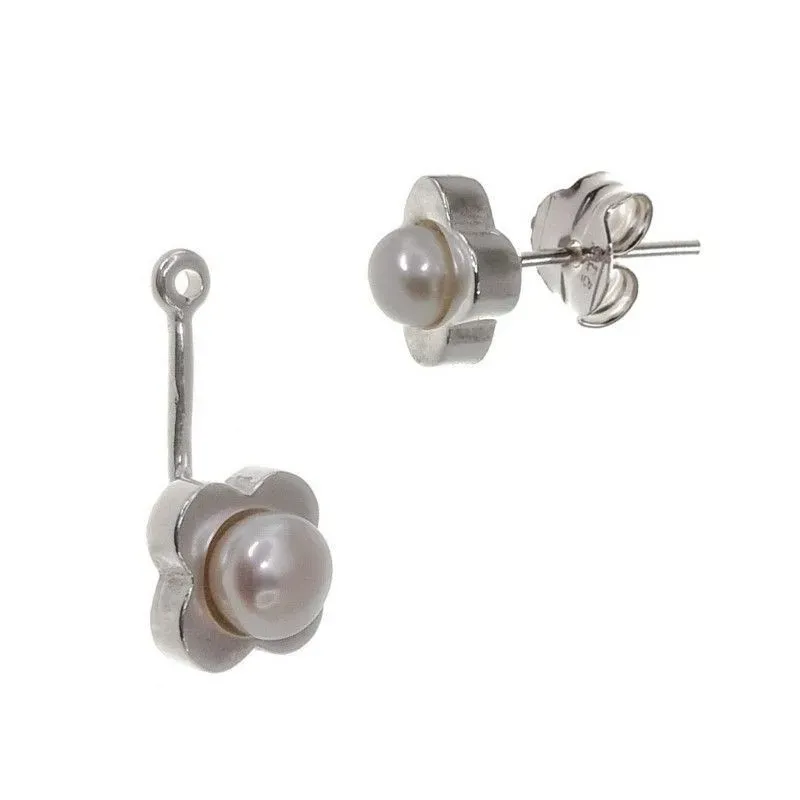 Pendientes plata Ley 925m ear jacket flor perla botón [AB1499]