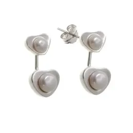 Pendientes plata Ley 925m ear jacket corazones perla botón [AB1500]