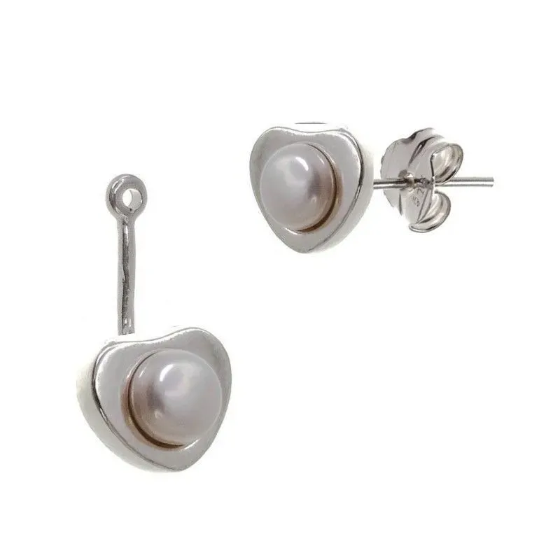 Pendientes plata Ley 925m ear jacket corazones perla botón [AB1500]