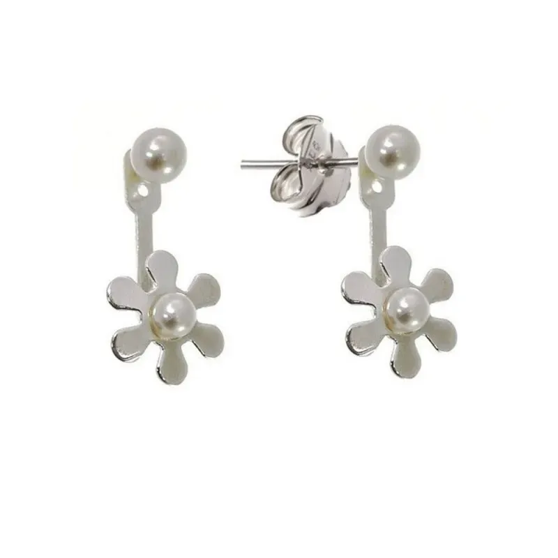 Pendientes plata Ley 925m ear jacket flor perla botón [AB1515]