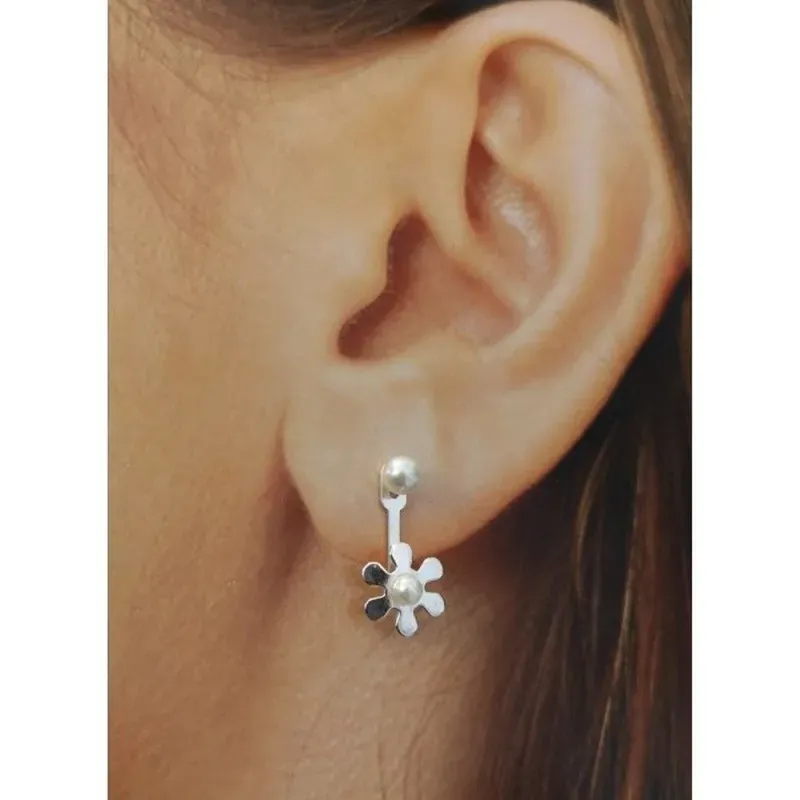 Pendientes plata Ley 925m ear jacket flor perla botón [AB1515]