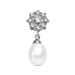 Colgante oro blanco 18k flor circonitas perla 23x10mm. [AB2292]