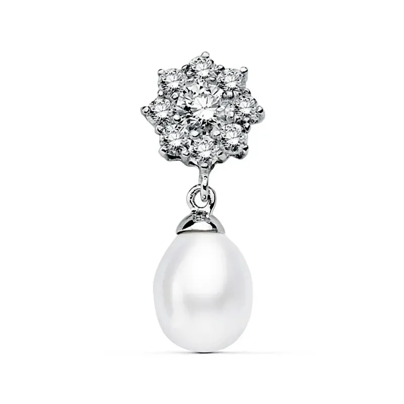 Colgante oro blanco 18k flor circonitas perla 23x10mm. [AB2292]