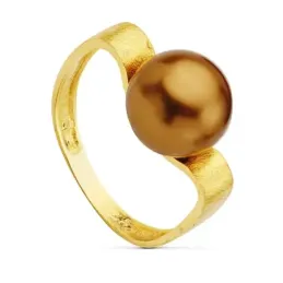 Sortija oro 18k rayada centro perla chocolate 10mm. [AB2322]