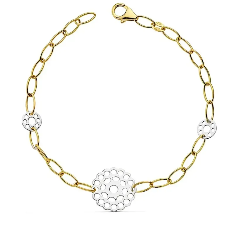 Pulsera oro 18k bicolor motivos calados 19cm. [AB2337]