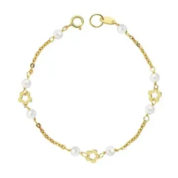 Pulsera oro 18k primera comunión 15cm. flores perlas 3.5mm.  [AB2355]