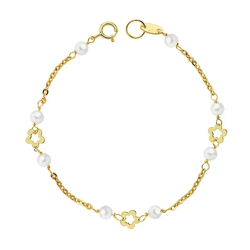 Pulsera oro 18k primera comunión 15cm. flores perlas 3.5mm.  [AB2355]