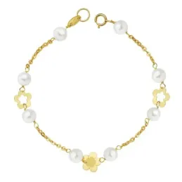 Pulsera oro 18k primera comunión 17cm. flores perlas [AB2356]