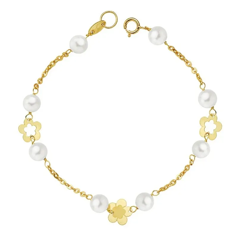 Pulsera oro 18k primera comunión 17cm. flores perlas [AB2356]