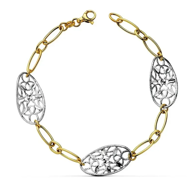 Pulsera oro 18k bicolor hojas caladas 19cm. [AB2358]