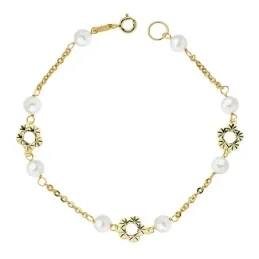 Pulsera oro 18k primera comunión 18.5cm. flores perlas 5mm.  [AB2364]