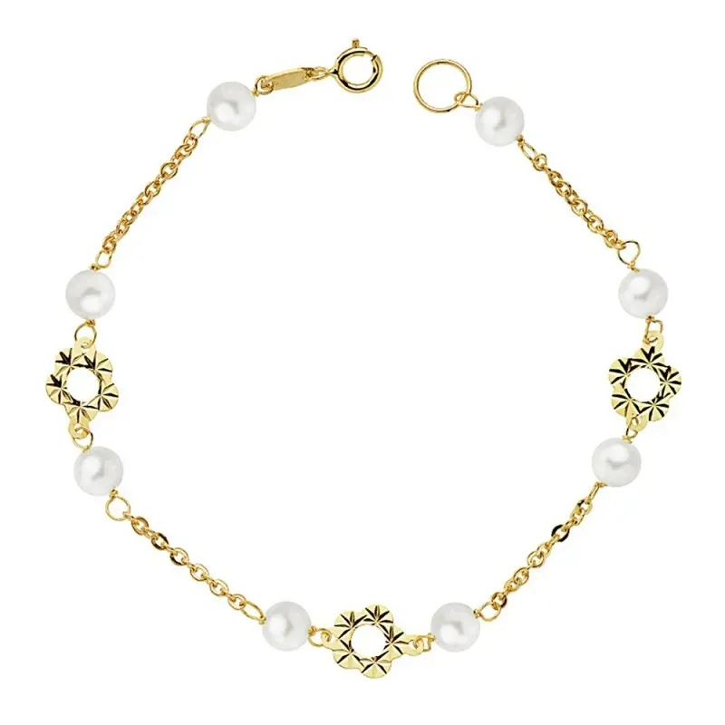 Pulsera oro 18k primera comunión 18.5cm. flores perlas 5mm.  [AB2364]