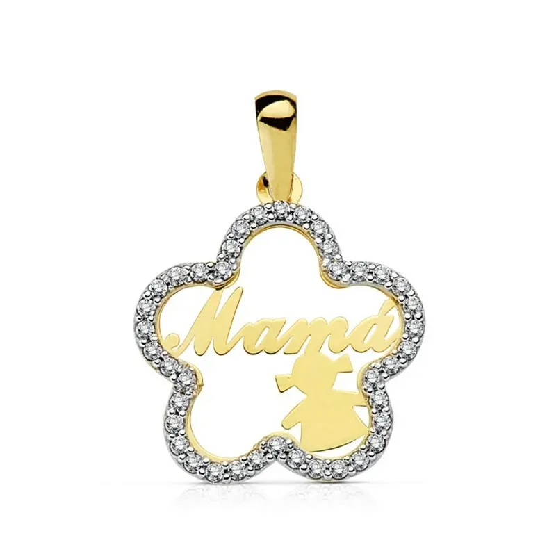 Colgante oro 18k MAMÁ 18mm. flor niña circonitas [AB2367]