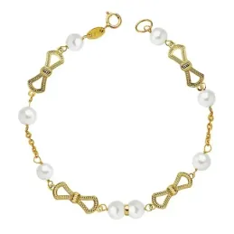 Pulsera oro 18k primera comunión 17.5cm lazos perla 5.5mm [AB2370]