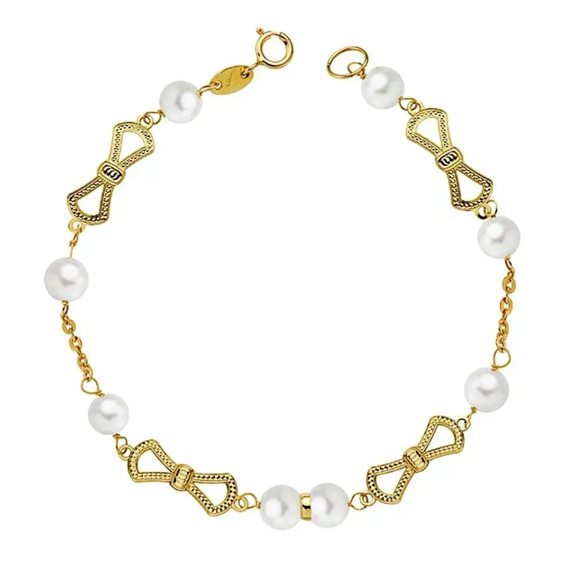 Pulsera oro 18k primera comunión 17.5cm lazos perla 5.5mm [AB2370]