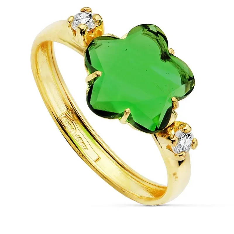 Sortija oro 18k circonitas centro flor piedra verde 10mm. [AB2428]