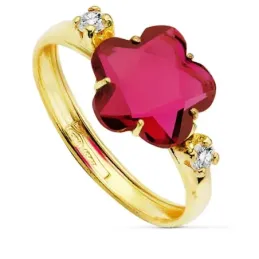 Sortija oro 18k circonitas centro flor piedra roja 10mm. [AB2429]