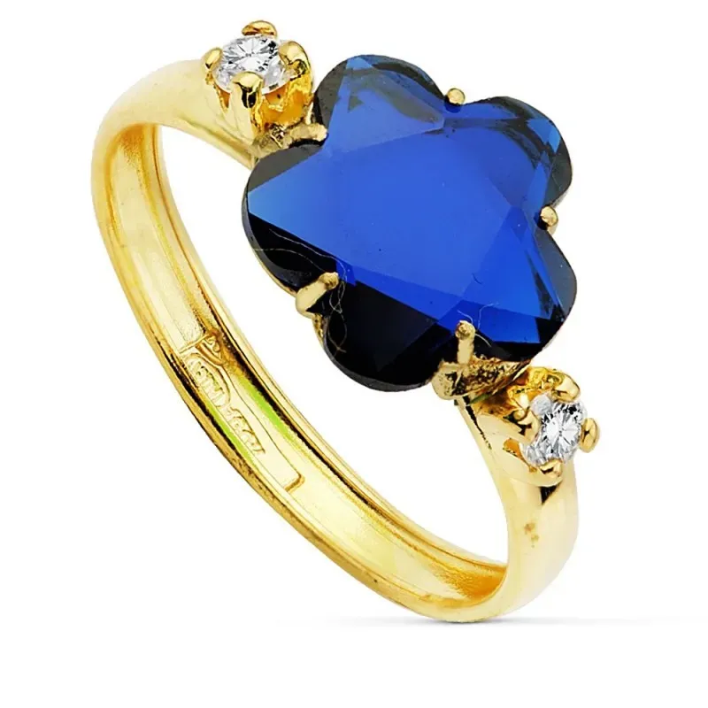 Sortija oro 18k circonitas centro flor piedra azul 10mm. [AB2430]
