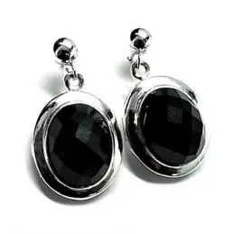 Pendientes plata ley 925m largos ovalado piedra ónix [AB2538]