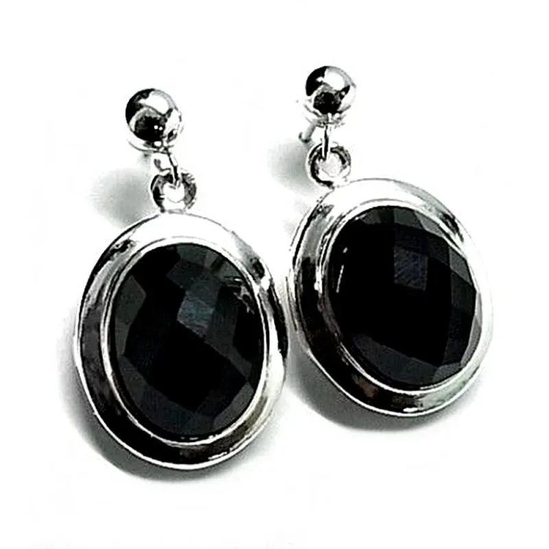 Pendientes plata ley 925m largos ovalado piedra ónix [AB2538]