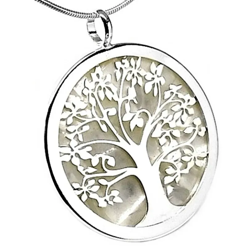Colgante plata ley 925m árbol vida nácar blanco cerco 40mm. [AB2692]