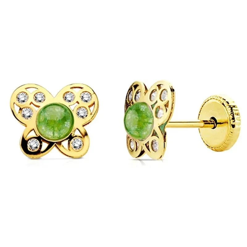 Pendientes oro 18k mariposa piedra verde y circonitas [AB2951]