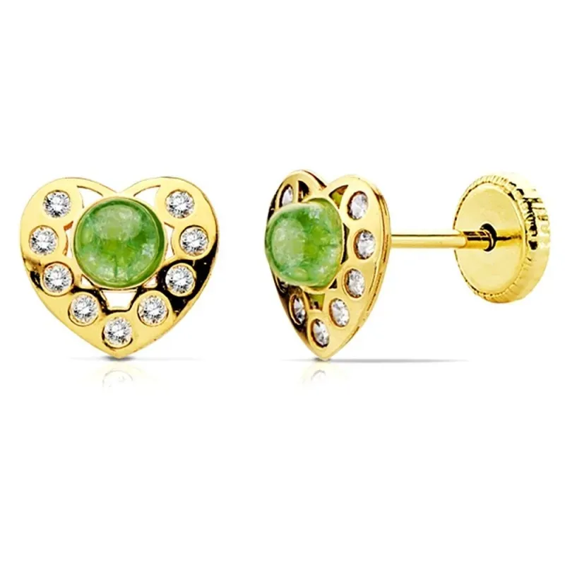 Pendientes oro 18k corazon piedra verde y circonitas [AB2959]