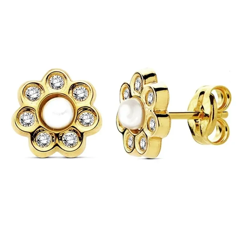 Pendientes oro 18k flor perlita y circonitas 7mm. [AB3020]