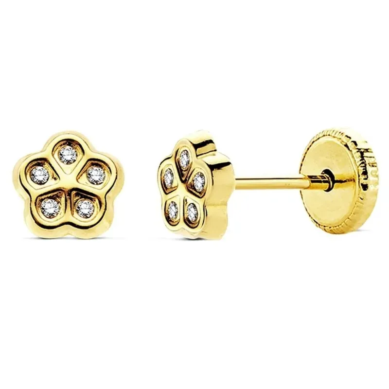 Pendientes oro 18k flor 5 hojas circonitas 5,5mm. [AB3024]
