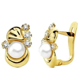 Pendientes oro 18k perla con circonita 12mm. [AB3105]
