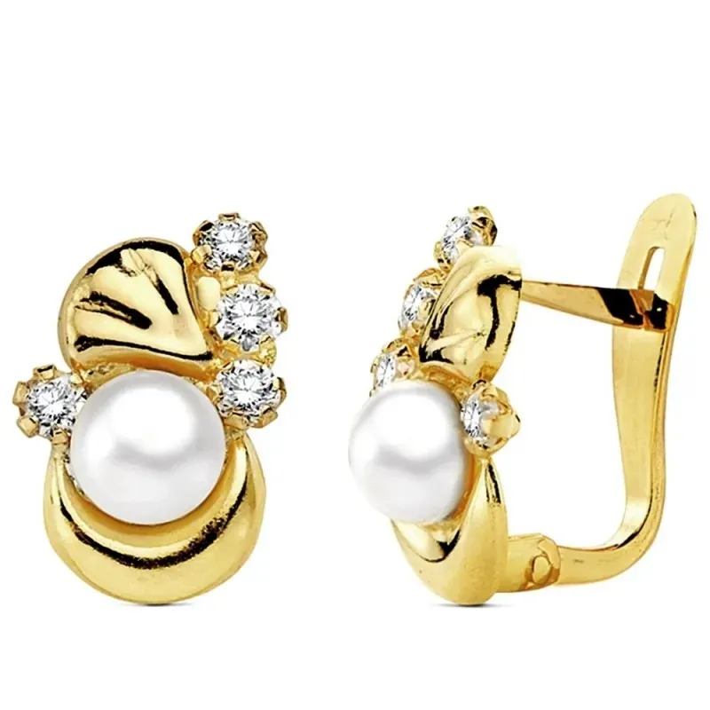 Pendientes oro 18k perla con circonita 12mm. [AB3105]