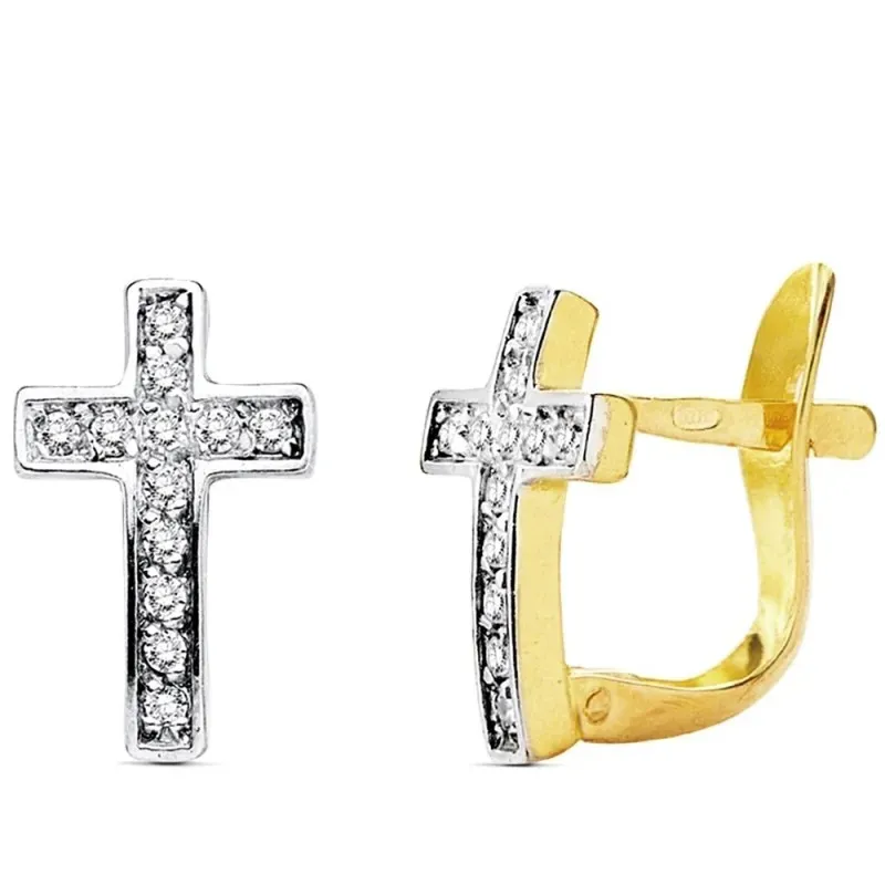 Pendientes oro 18k bicolor cruz multipiedra 12mm. [AB3129]