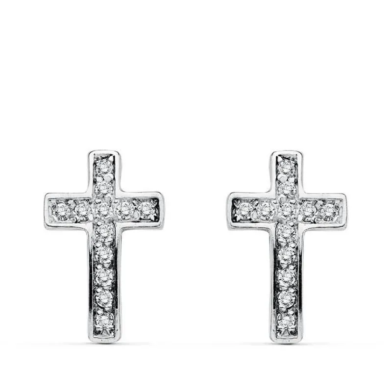 Pendientes oro 18k bicolor cruz multipiedra 12mm. [AB3129]