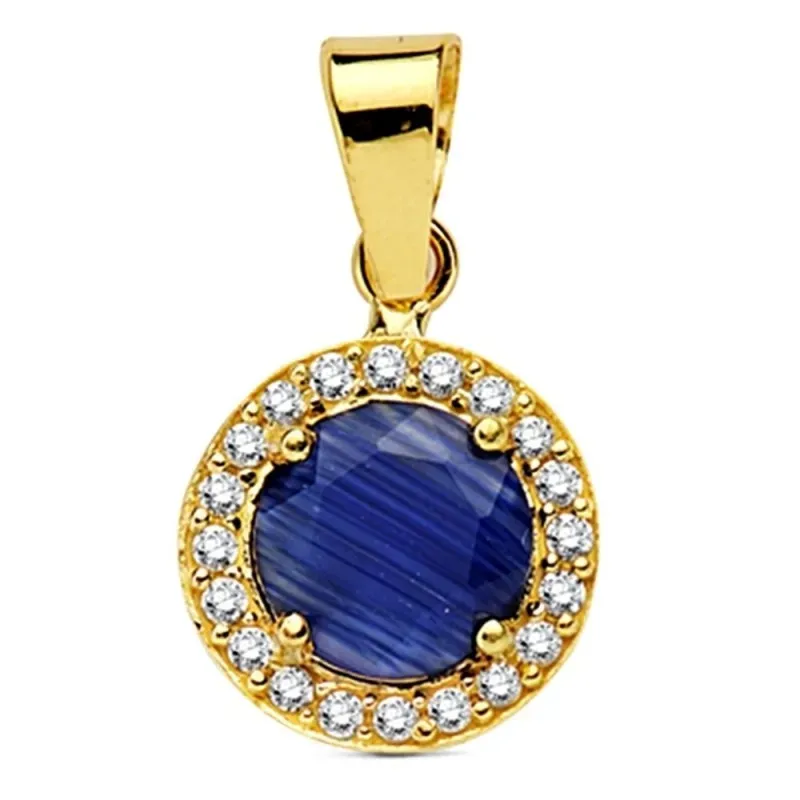 Colgante oro 18k redondo piedra azul circonitas 9mm. [AB3141]