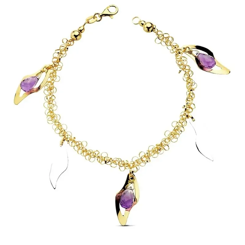 Pulsera oro 18k bicolor fetiches piedra morada19cm. 9,05gr. [AB3168]