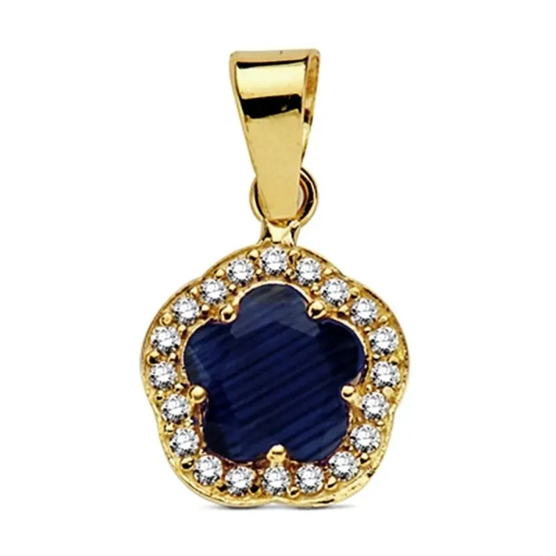 Colgante oro 18k flor piedra azul circonitas 9mm.  [AB3321]