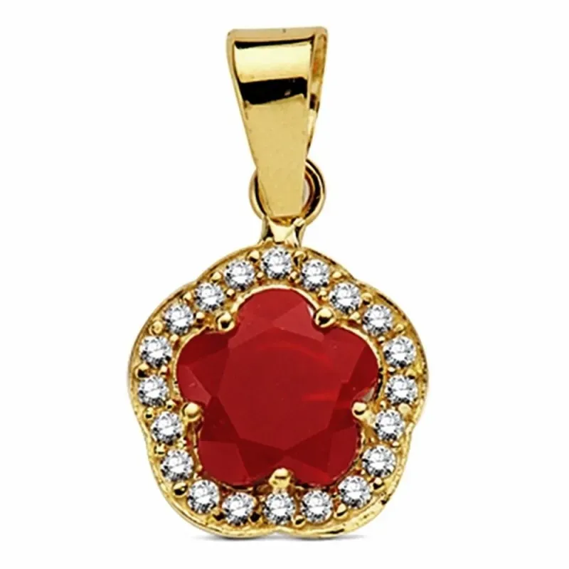 Colgante oro 18k flor piedra roja circonitas 9mm.  [AB3322]