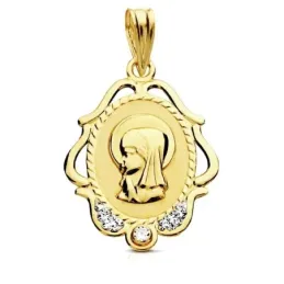 Medalla oro 9k Virgen Niña marco tallado circonitas 22mm. [AB3220GR]