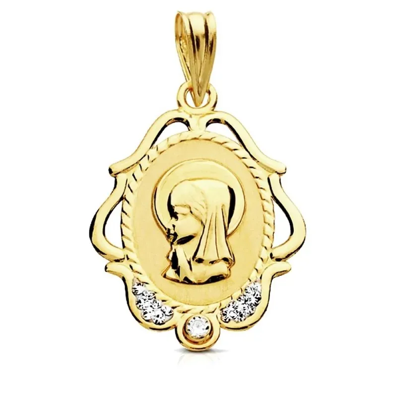 Medalla oro 9k Virgen Niña marco tallado circonitas 22mm. [AB3220GR]